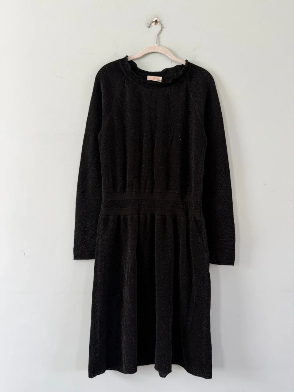 Tory Burch Isabelle Blouson Ruffle Neck Black Metallic Knit‎ Wool Dress